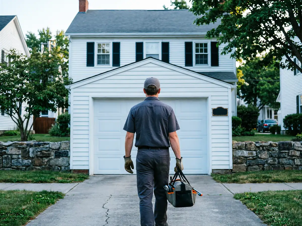 A technician walks toward a white house with a white garage door, carrying a tool bag.