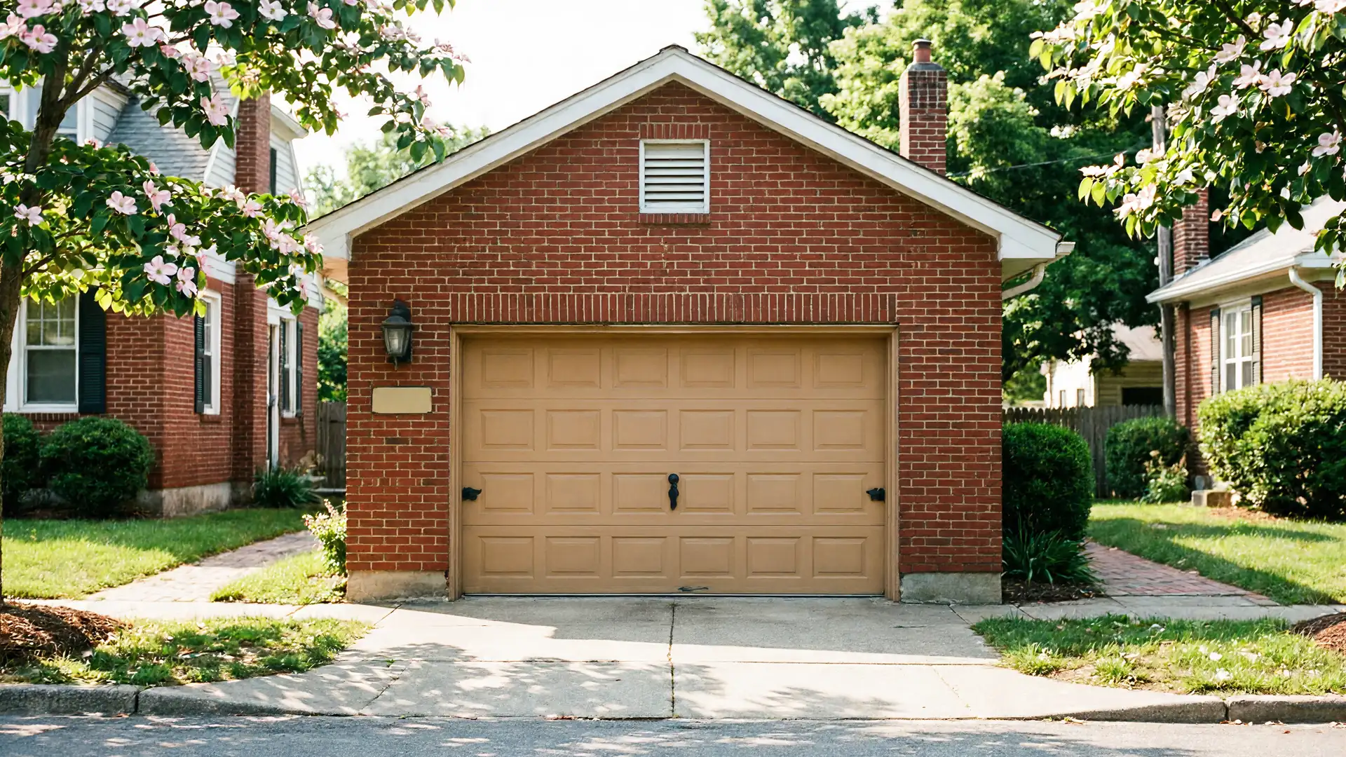 A tan garage door is centered on a red brick garage.