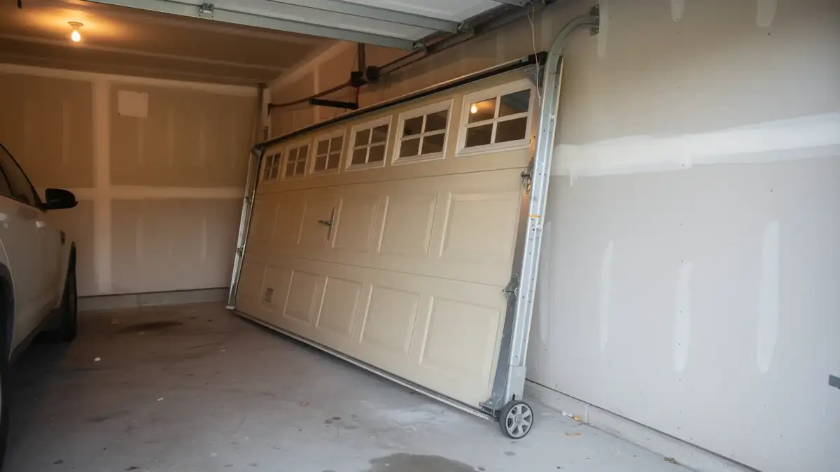 The beige garage door is off its track and leaning against the wall.
